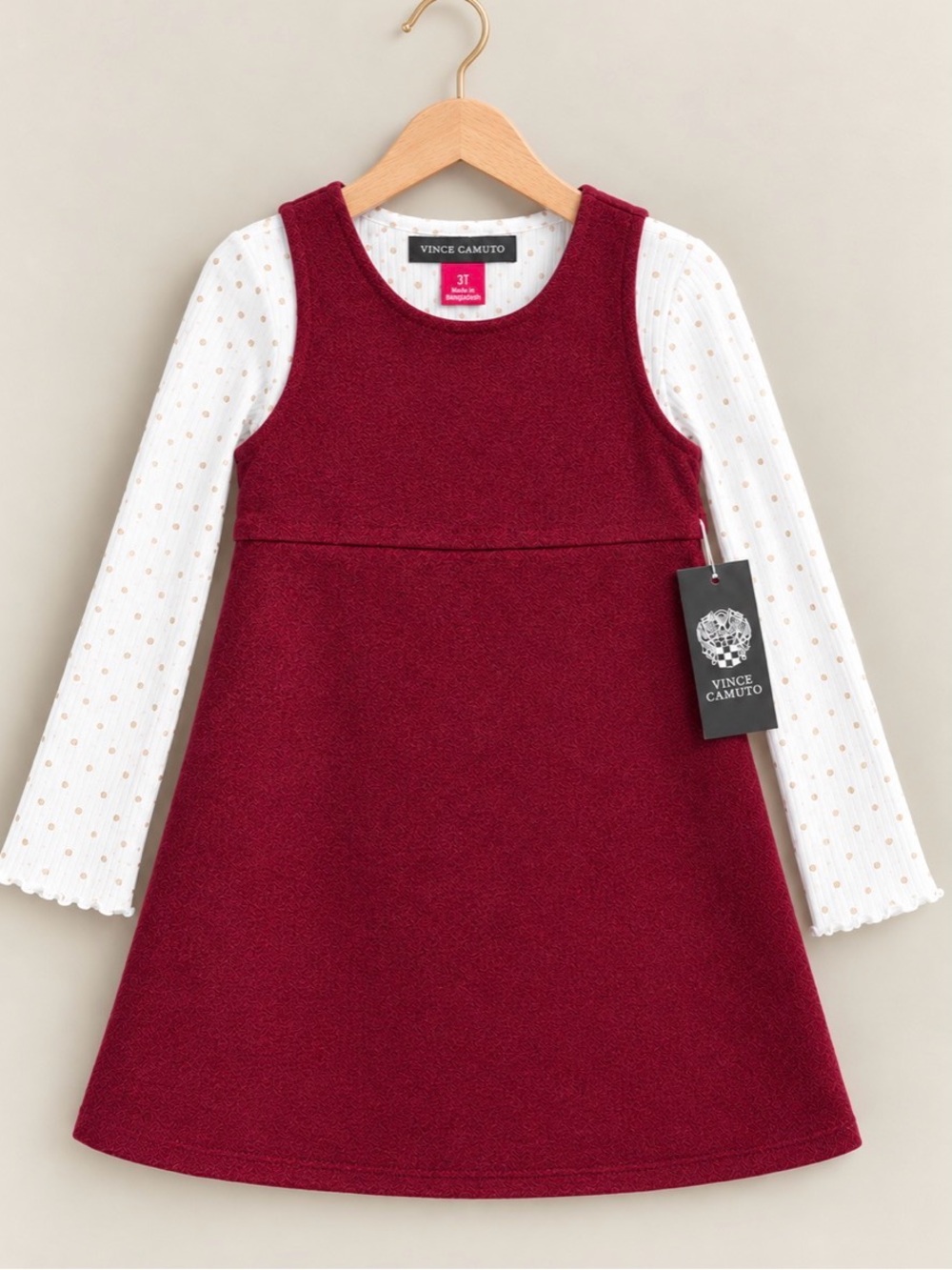 Vince Camuto Girls' Burgundy Pinafore Dress with White Dot Top